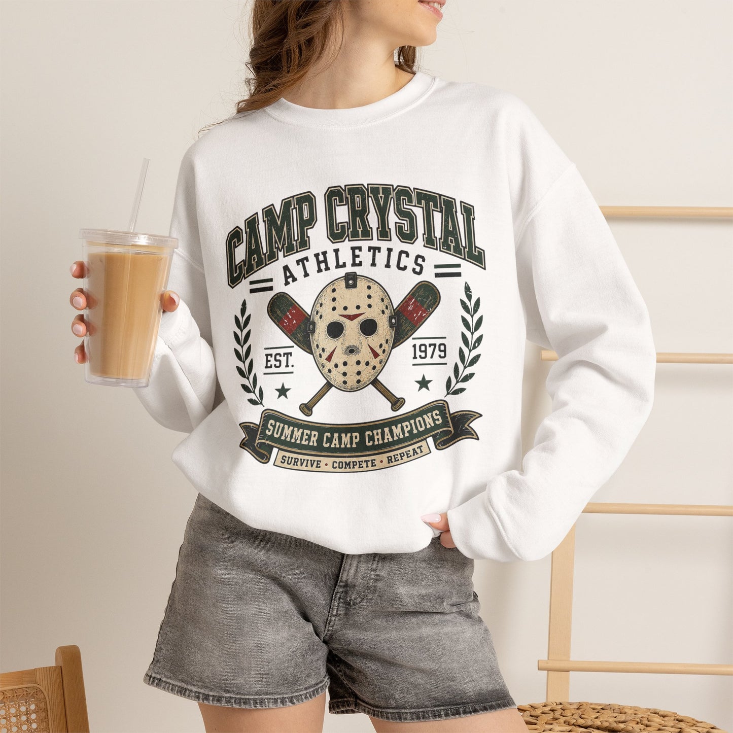 Camp Crystal Athletics Crewneck Sweatshirt – Retro Horror School Logo
