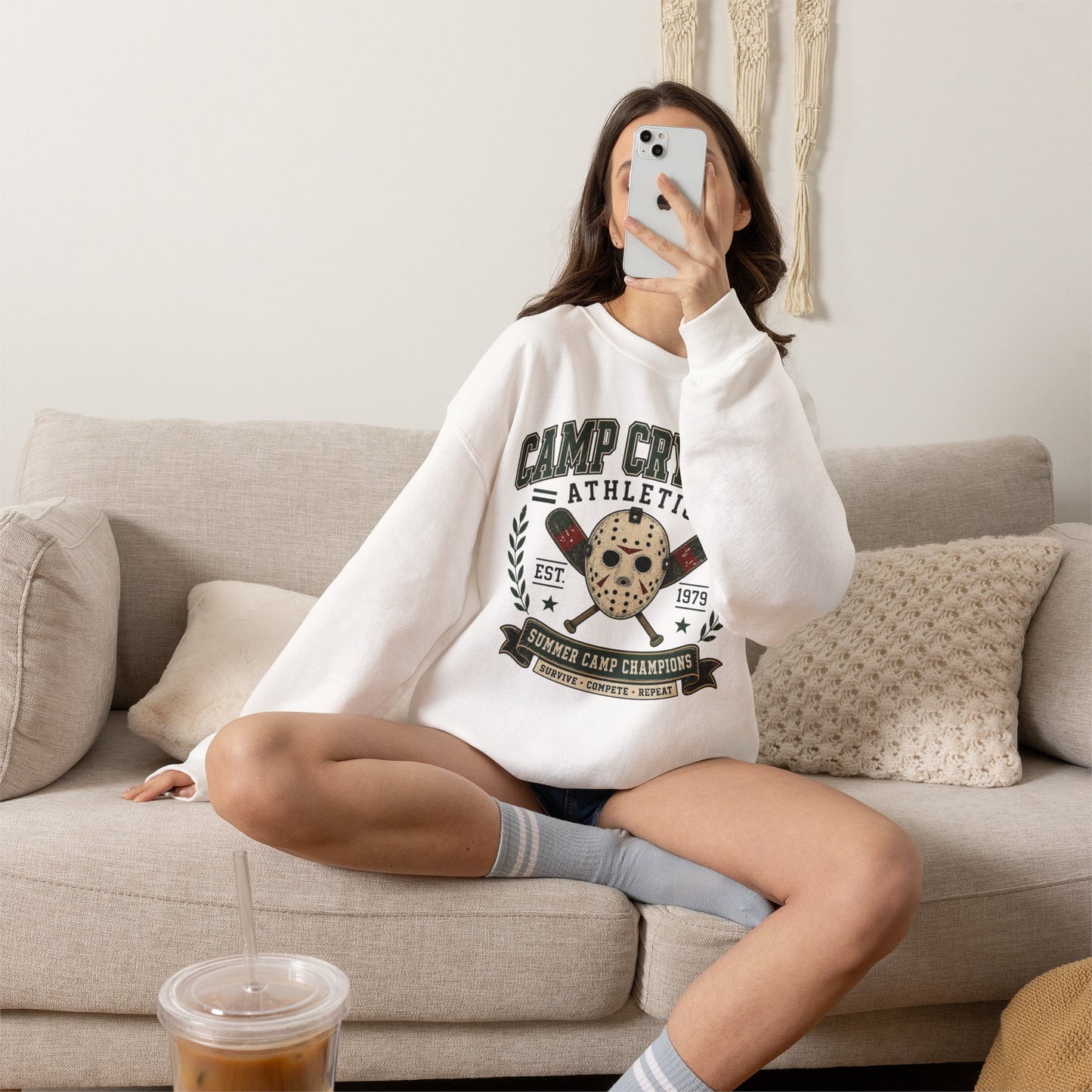 Camp Crystal Athletics Crewneck Sweatshirt – Retro Horror School Logo
