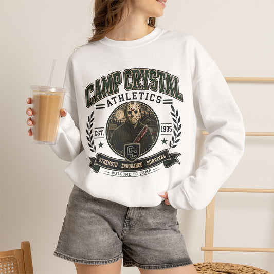 Camp Crystal College Crewneck Sweatshirt – Retro Horror School Logo