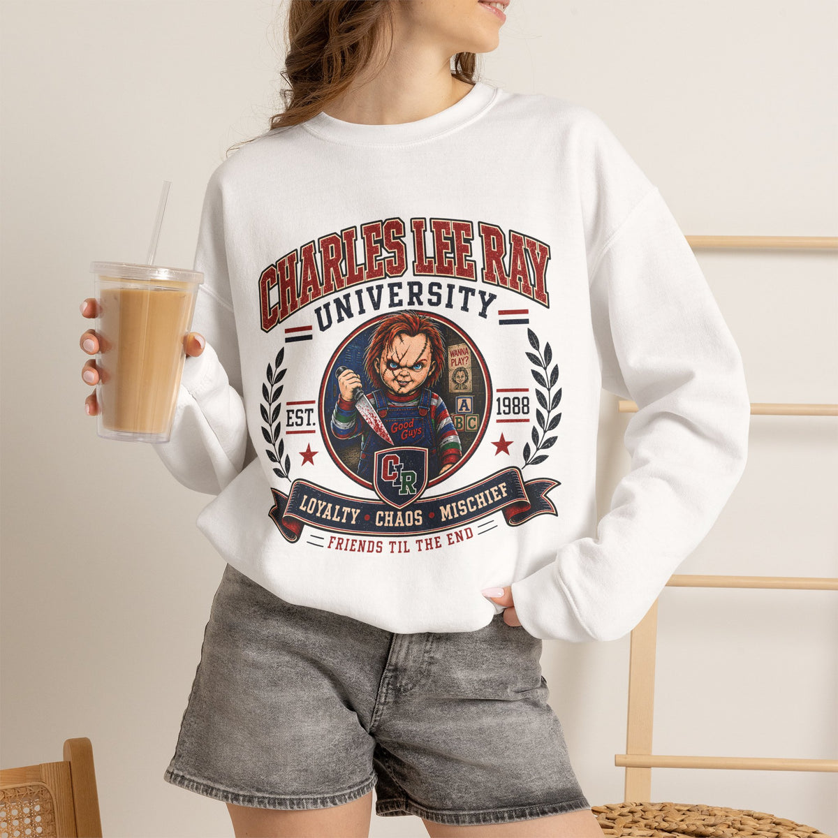 Charles Lee Ray University Crewneck Sweatshirt – Retro Horror School Logo
