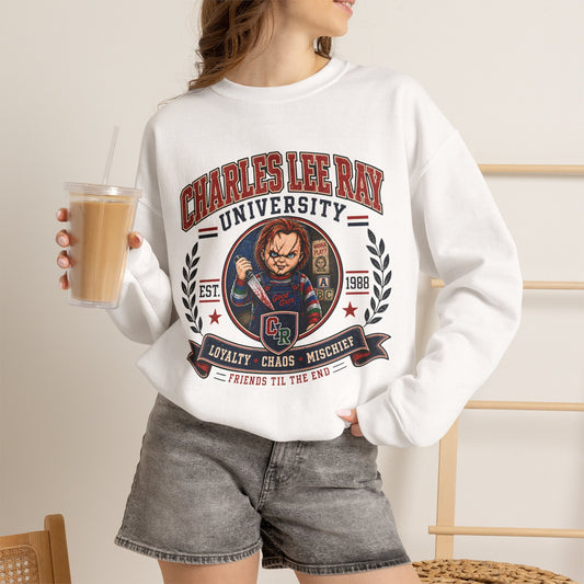 Charles Lee Ray University Crewneck Sweatshirt – Retro Horror School Logo