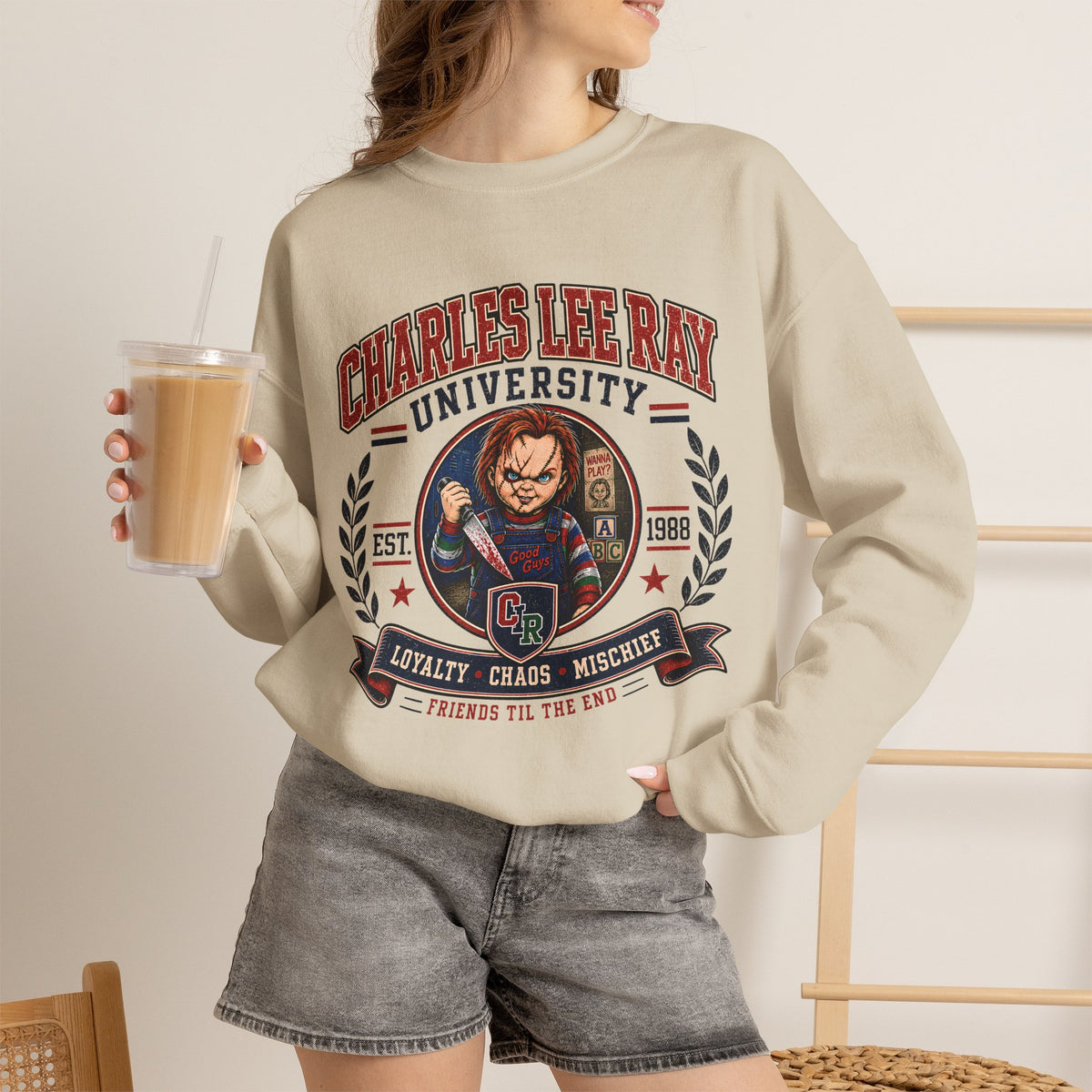 Charles Lee Ray University Crewneck Sweatshirt – Retro Horror School Logo