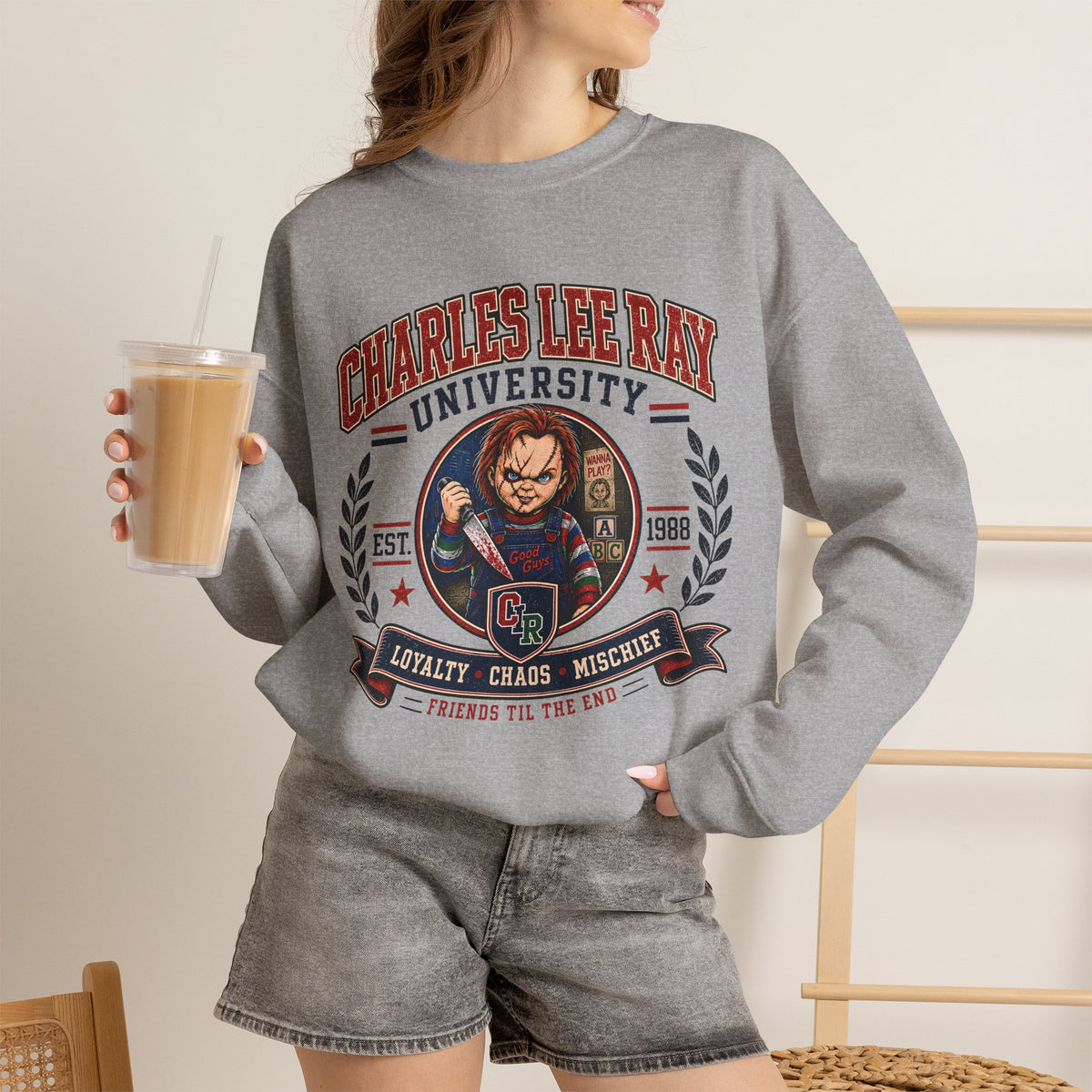 Charles Lee Ray University Crewneck Sweatshirt – Retro Horror School Logo