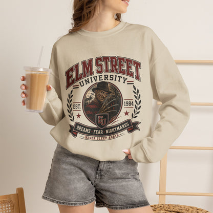 Elm Street University Crewneck Sweatshirt – Retro Horror School Logo