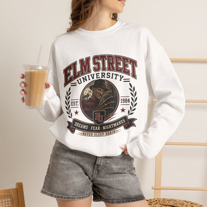 Elm Street University Crewneck Sweatshirt – Retro Horror School Logo