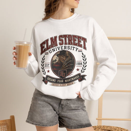 Elm Street University Crewneck Sweatshirt – Retro Horror School Logo