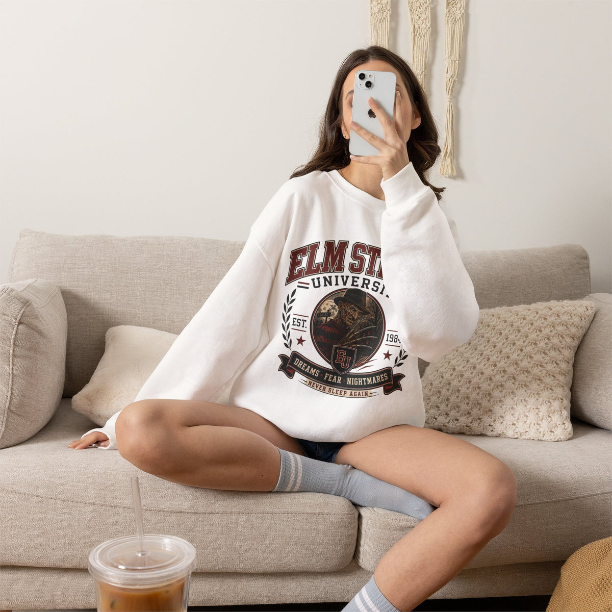 Elm Street University Crewneck Sweatshirt – Retro Horror School Logo