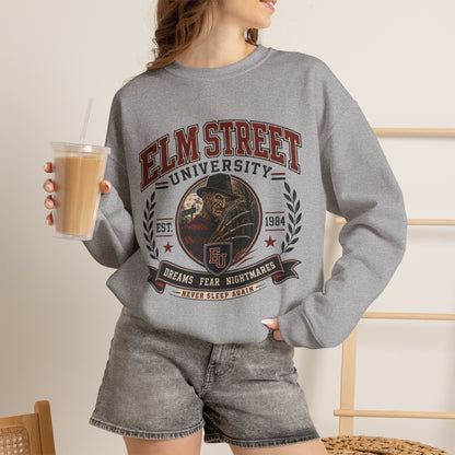Elm Street University Crewneck Sweatshirt – Retro Horror School Logo