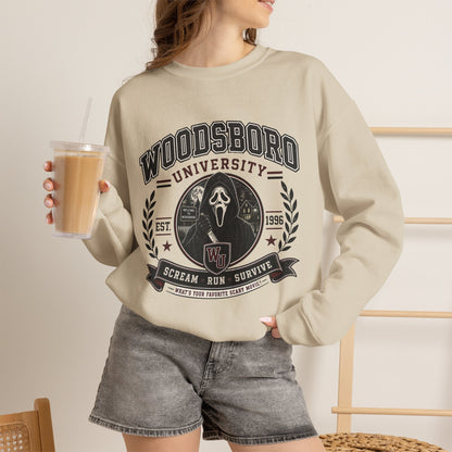 Woodsboro University Crewneck Sweatshirt – Retro Horror School Logo
