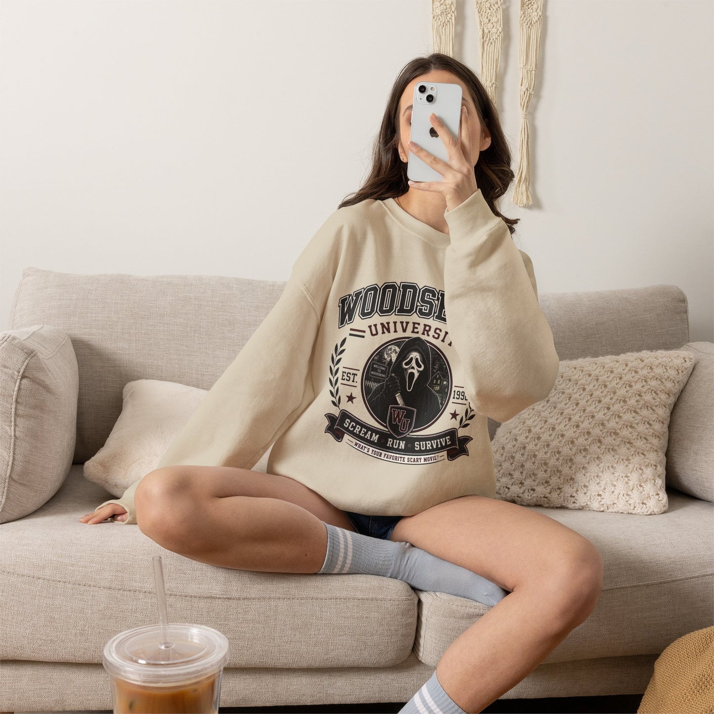 Woodsboro University Crewneck Sweatshirt – Retro Horror School Logo