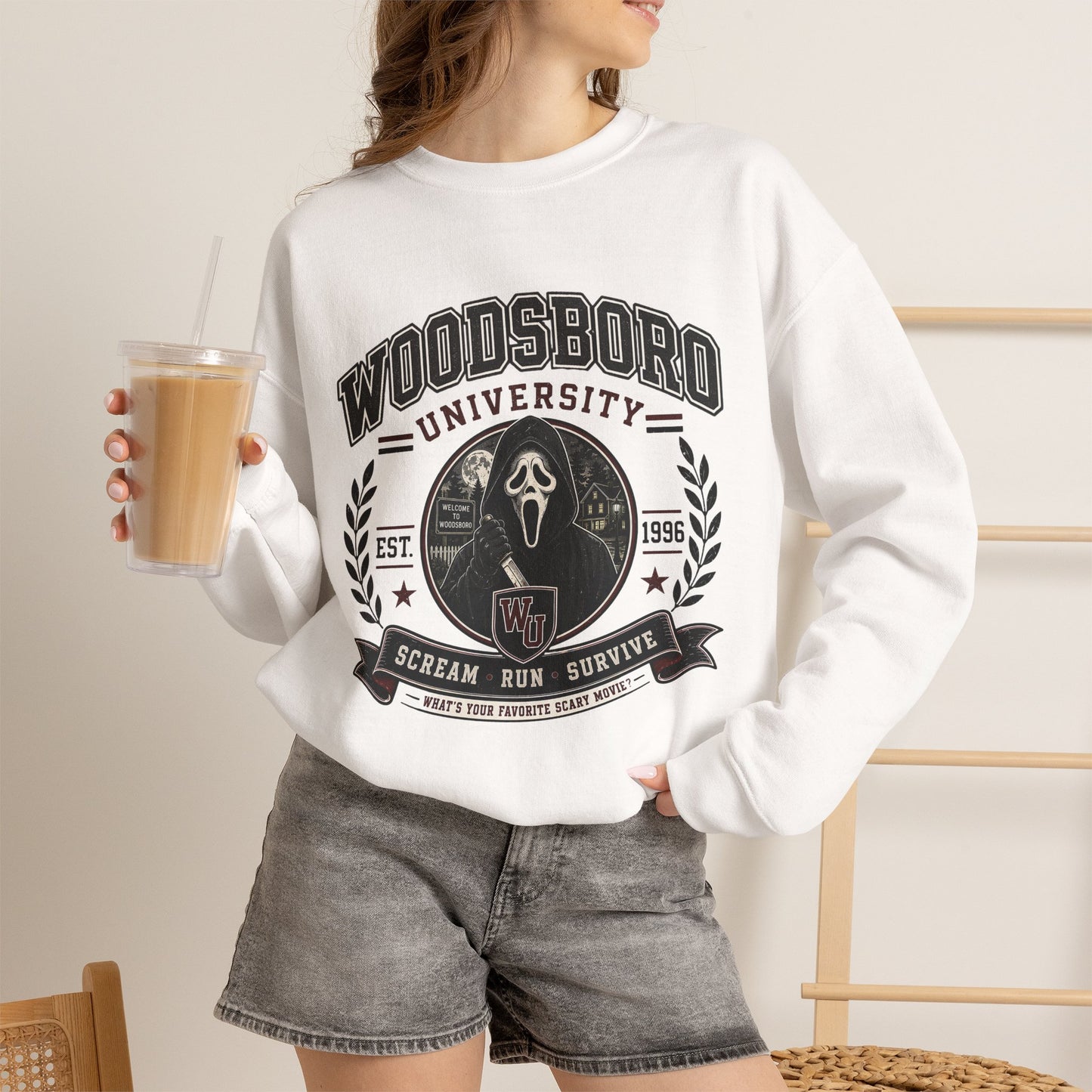 Woodsboro University Crewneck Sweatshirt – Retro Horror School Logo
