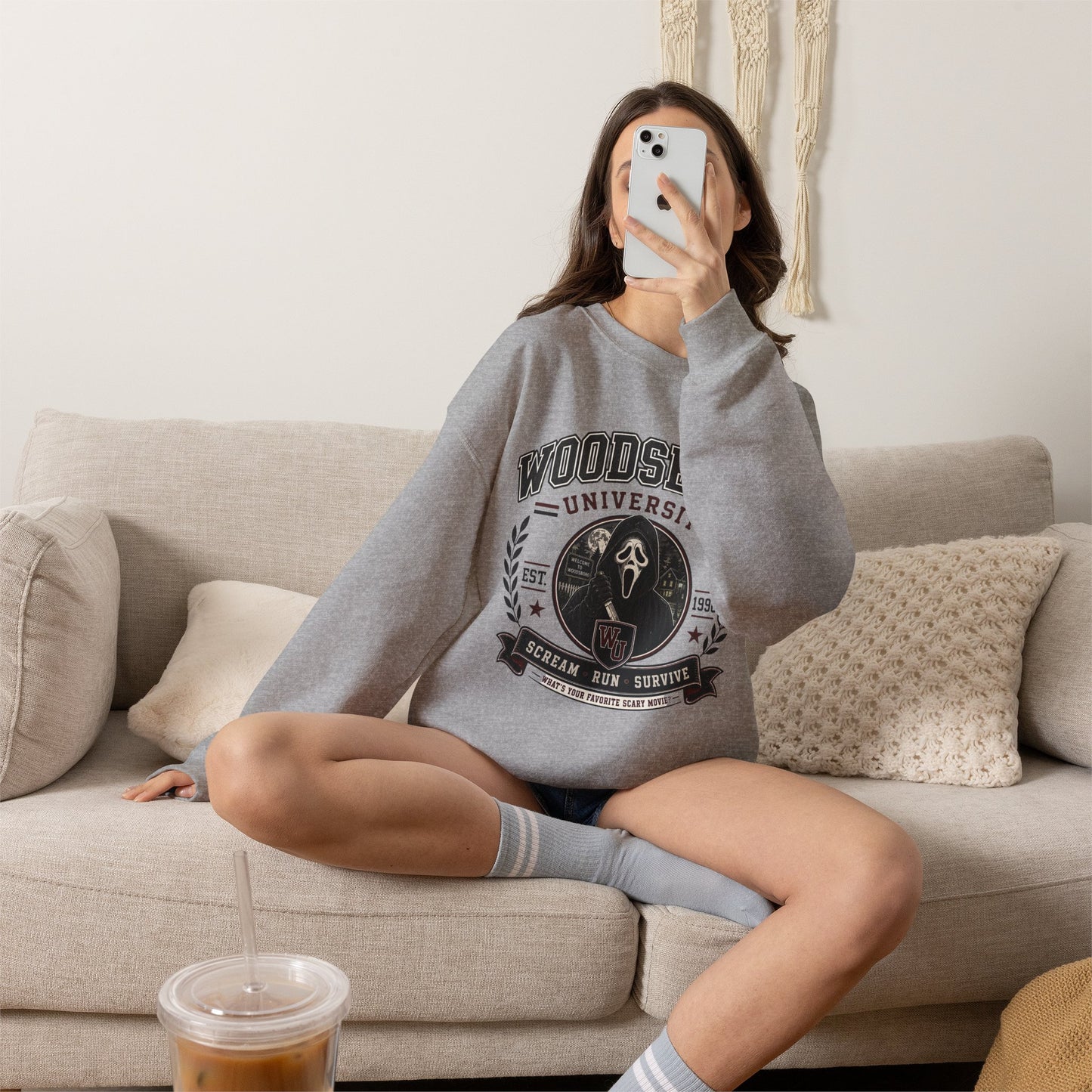 Woodsboro University Crewneck Sweatshirt – Retro Horror School Logo