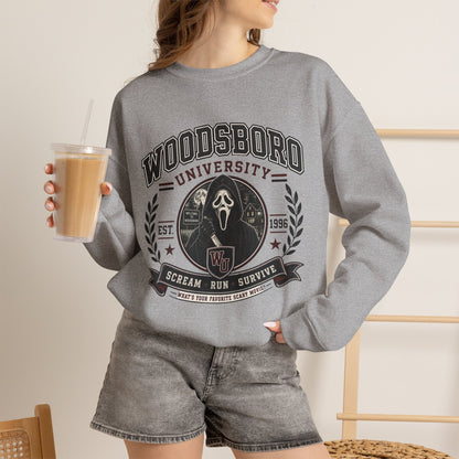 Woodsboro University Crewneck Sweatshirt – Retro Horror School Logo