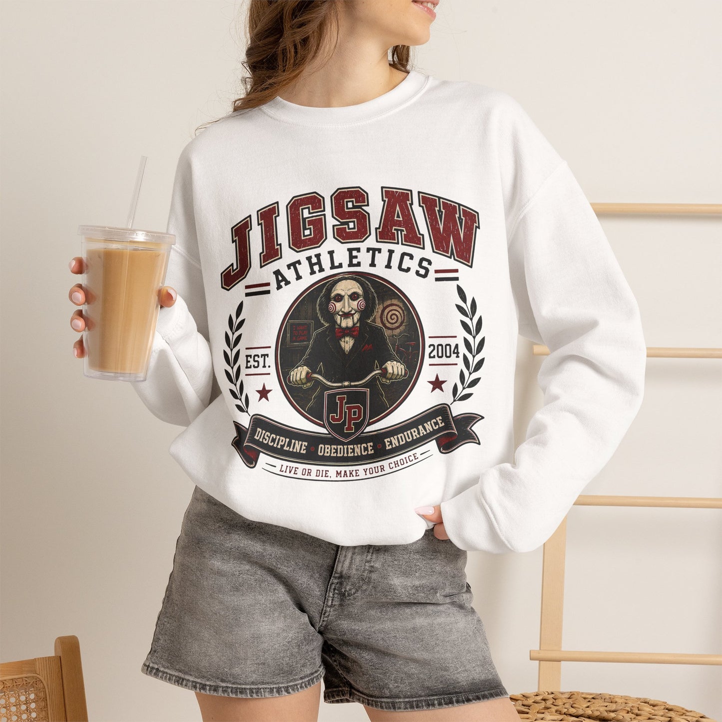 Jigsaw Athletics Crewneck Sweatshirt – Retro Horror School Logo