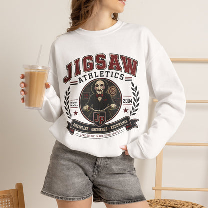 Jigsaw Athletics Crewneck Sweatshirt – Retro Horror School Logo