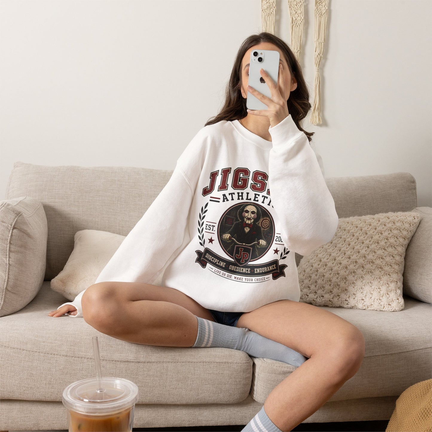 Jigsaw Athletics Crewneck Sweatshirt – Retro Horror School Logo