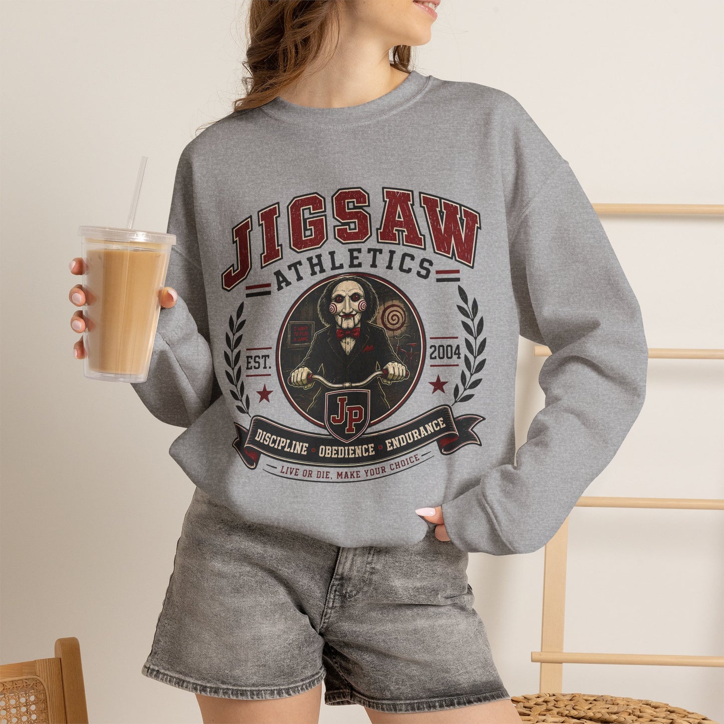 Jigsaw Athletics Crewneck Sweatshirt – Retro Horror School Logo
