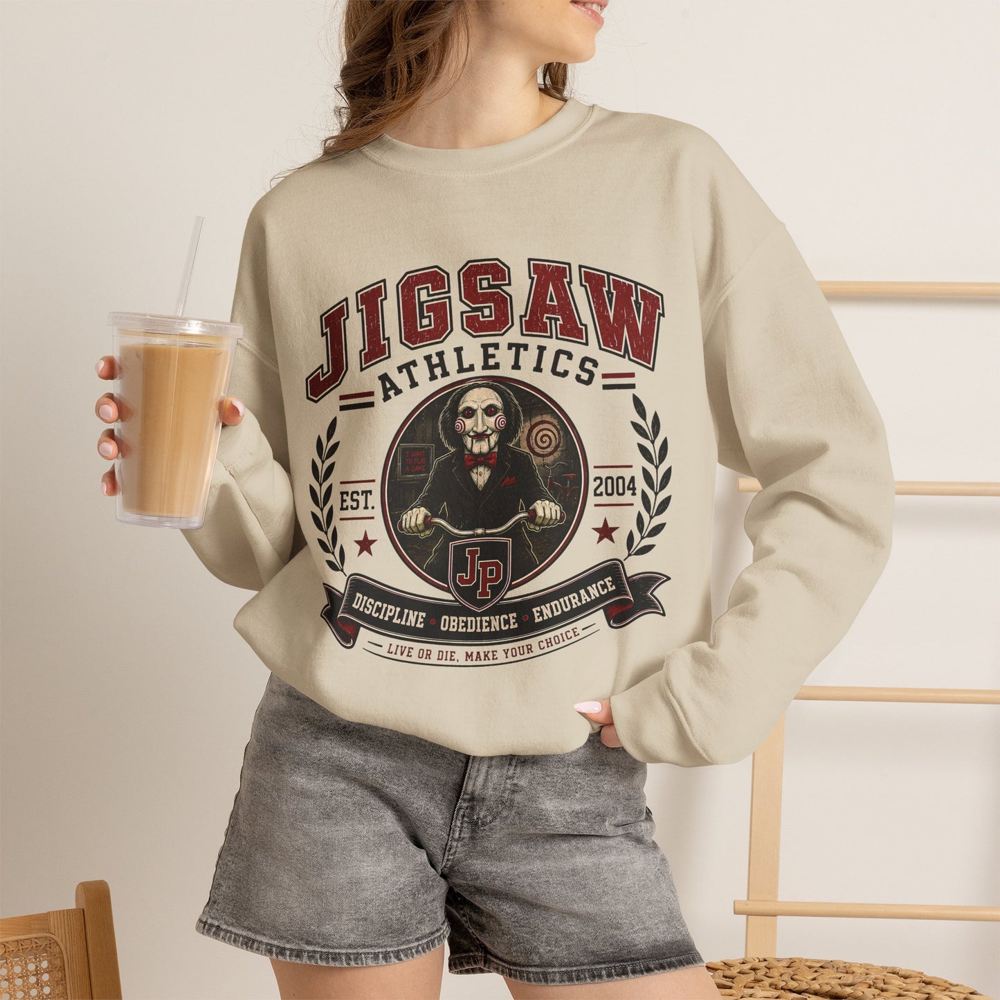 Jigsaw Athletics Crewneck Sweatshirt – Retro Horror School Logo