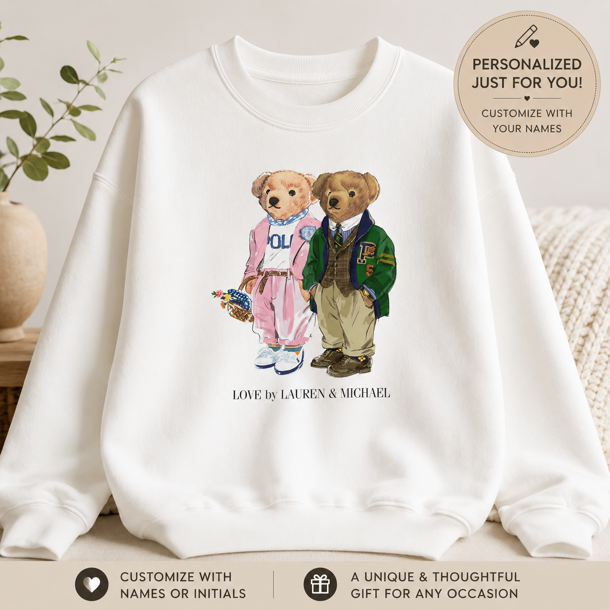 Personalized Couples Crewneck Sweatshirt — Custom Bear Illustration | Gift for Him & Her