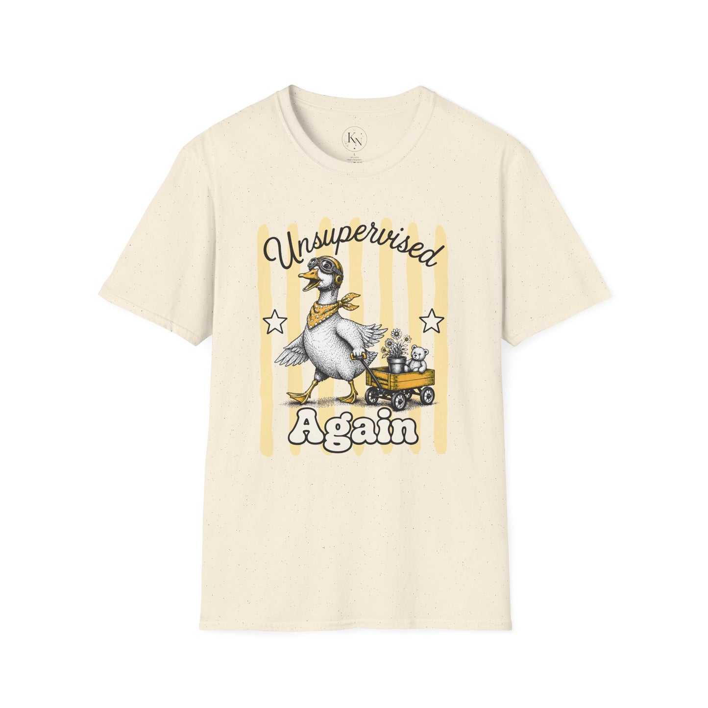 Goose Graphic T-Shirt — "Unsupervised Again" Vintage Yellow Stripe Tee