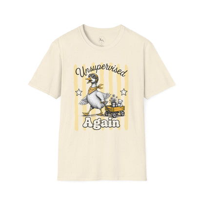 Goose Graphic T-Shirt — "Unsupervised Again" Vintage Yellow Stripe Tee