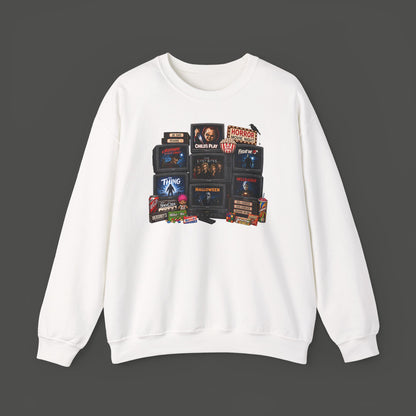 Horror Classics Crewneck Sweatshirt — Retro VHS Movie Stack Design