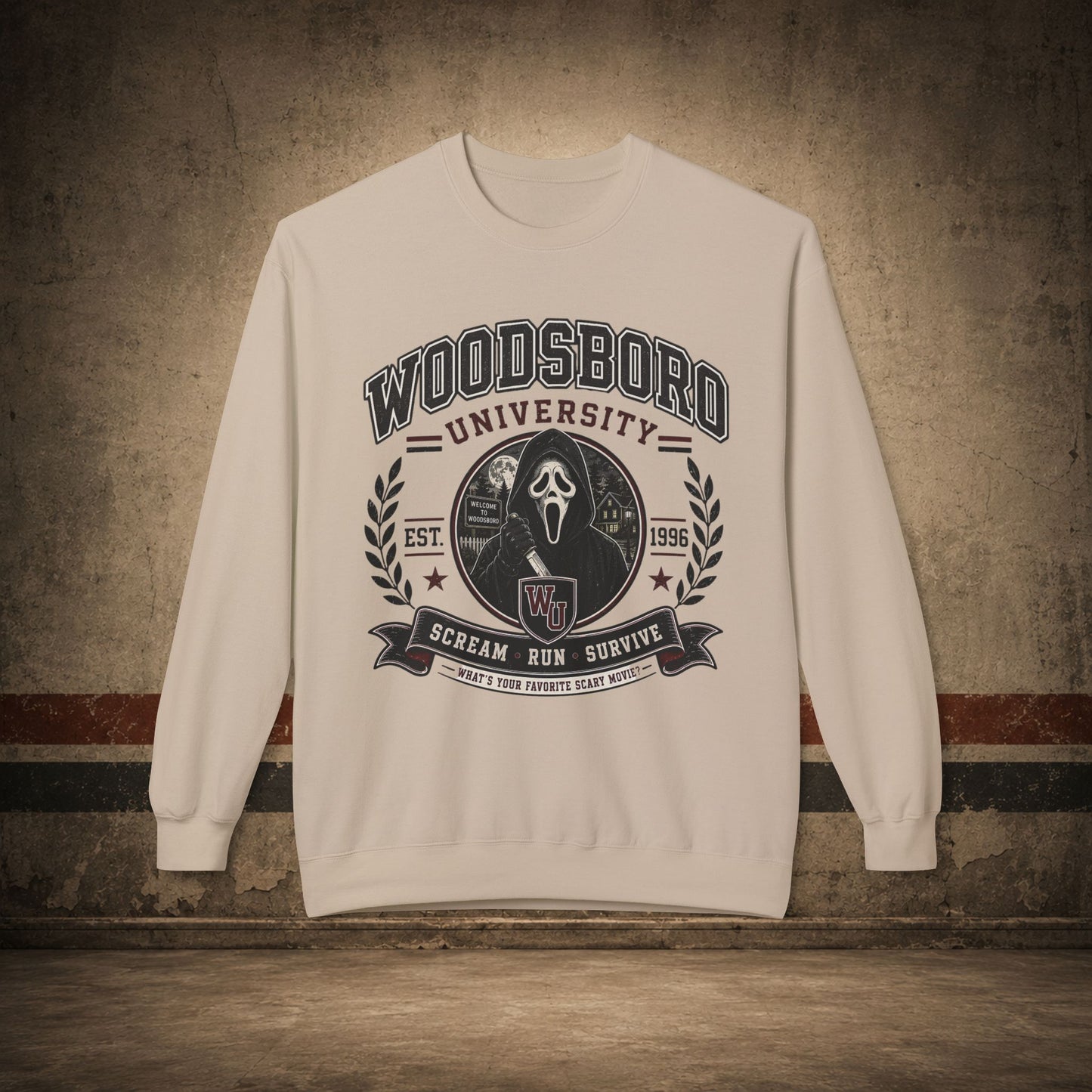 Woodsboro University Crewneck Sweatshirt – Retro Horror School Logo