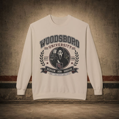 Woodsboro University Crewneck Sweatshirt – Retro Horror School Logo