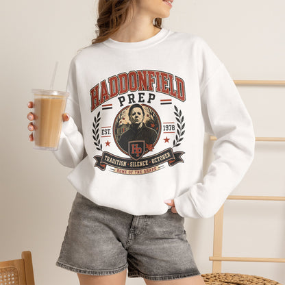 Haddonfield Prep Crewneck Sweatshirt — Retro Horror School Logo
