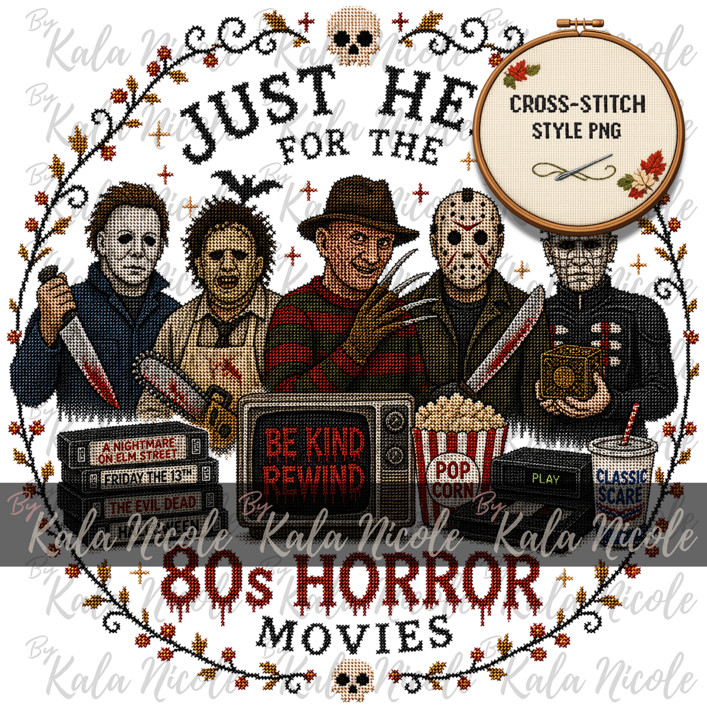 Just Here for the Movies Cross-Stitch PNG | 80s Horror