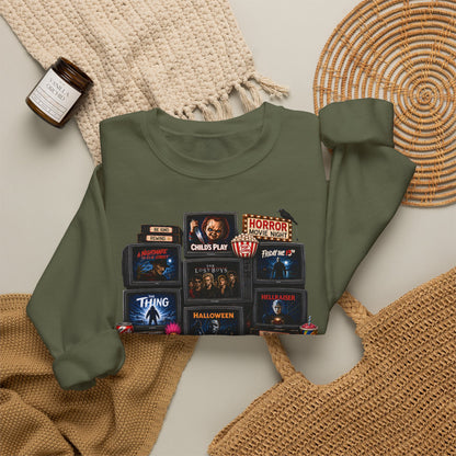 Horror Classics Crewneck Sweatshirt — Retro VHS Movie Stack Design