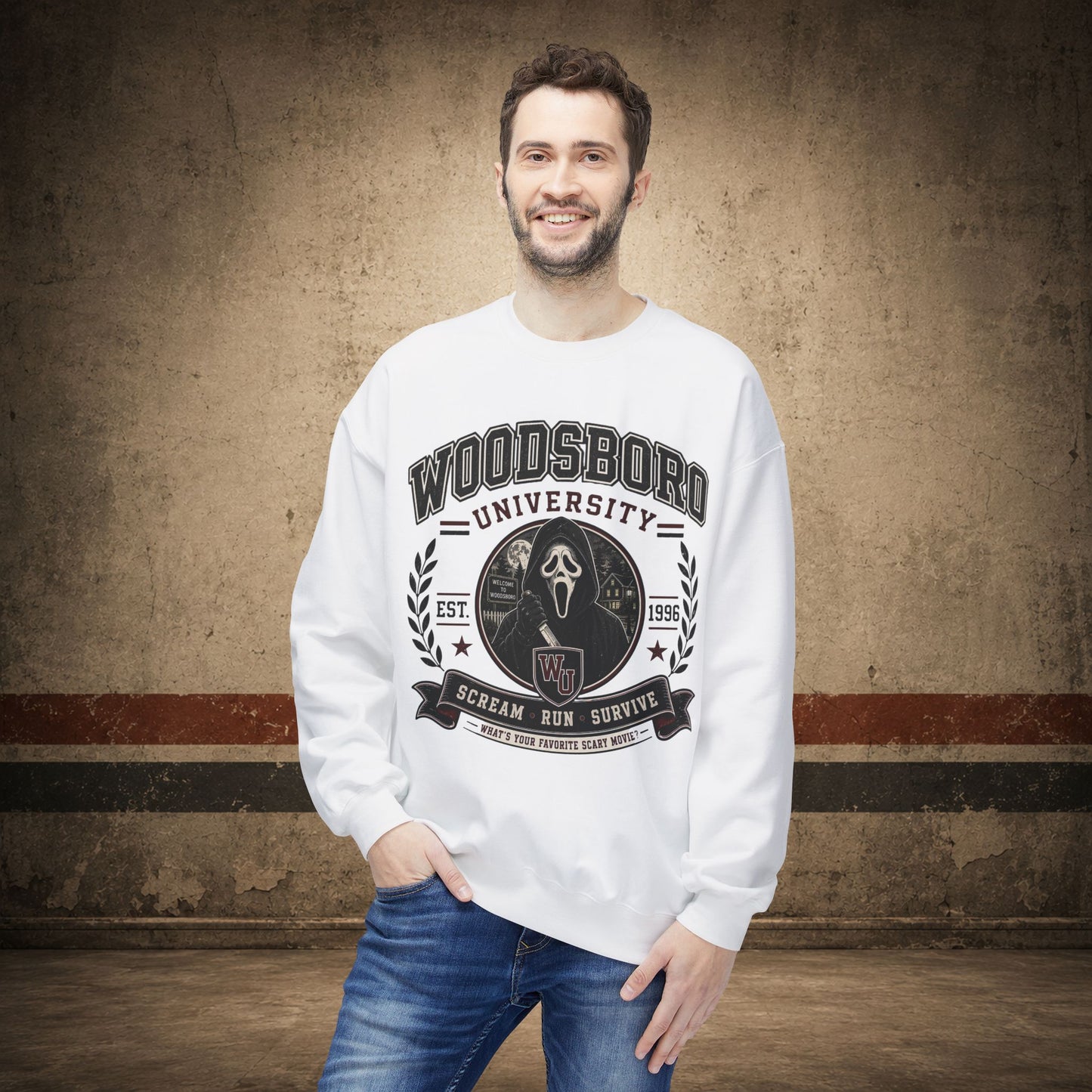 Woodsboro University Crewneck Sweatshirt – Retro Horror School Logo