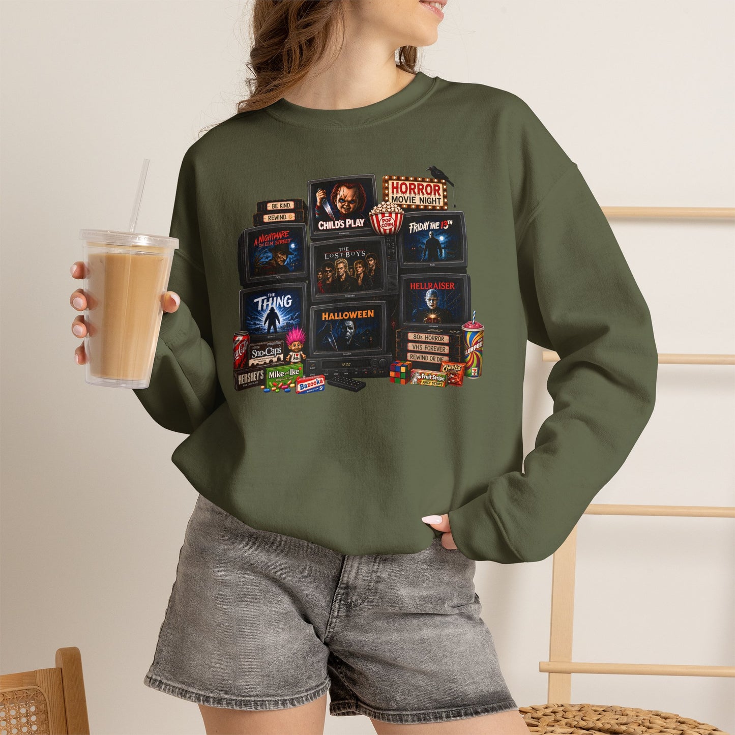 Horror Classics Crewneck Sweatshirt — Retro VHS Movie Stack Design
