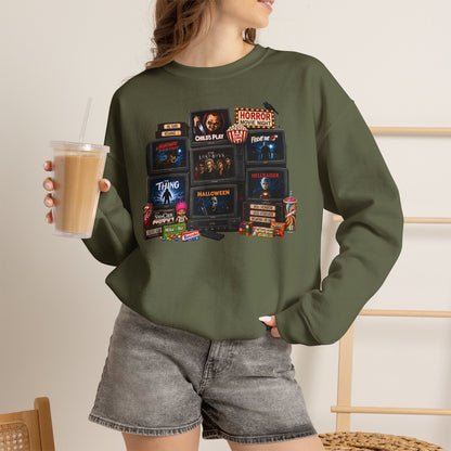 Horror Classics Crewneck Sweatshirt — Retro VHS Movie Stack Design