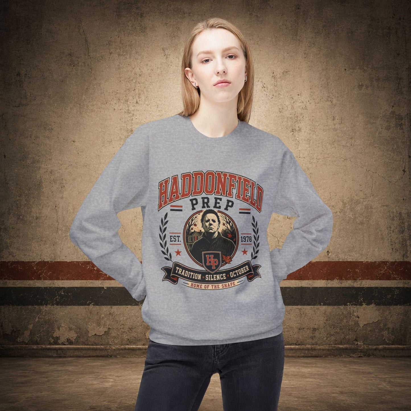 Haddonfield Prep Crewneck Sweatshirt – Retro Horror School Logo