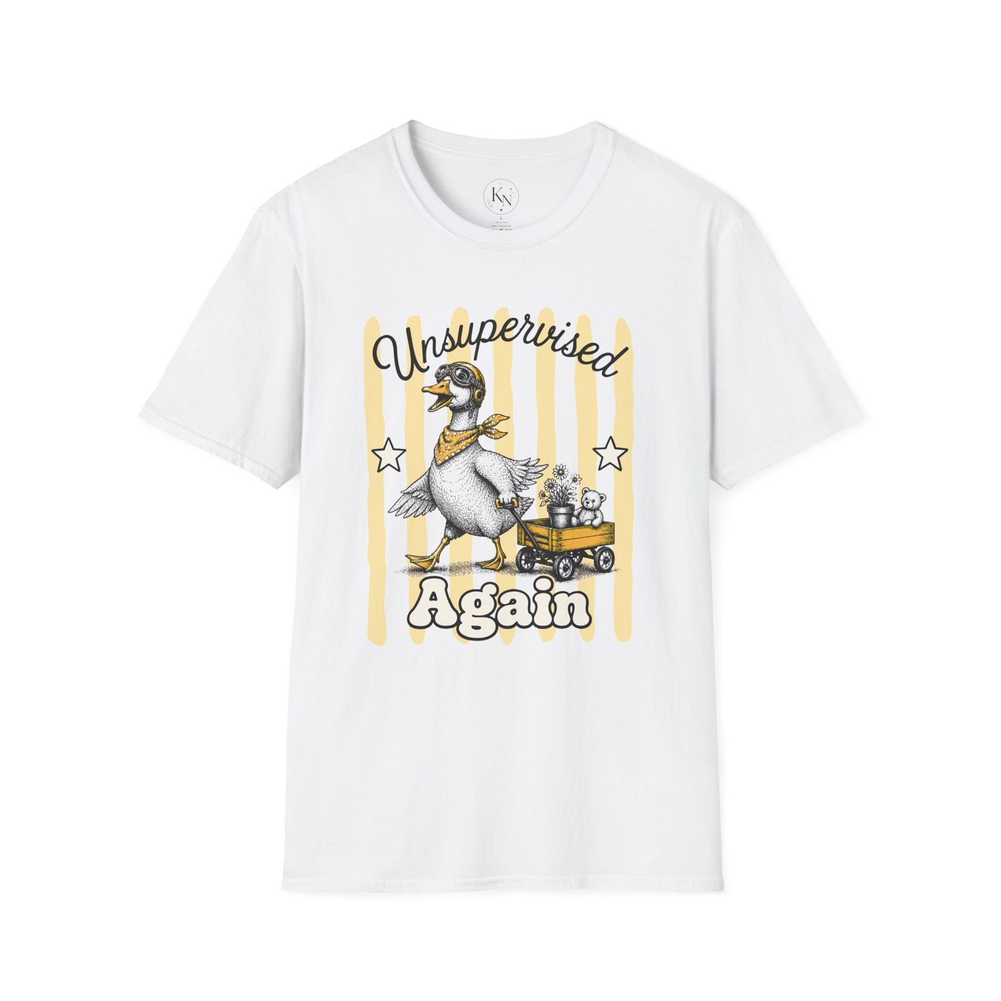 Goose Graphic T-Shirt — "Unsupervised Again" Vintage Yellow Stripe Tee