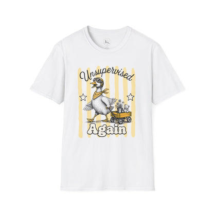 Goose Graphic T-Shirt — "Unsupervised Again" Vintage Yellow Stripe Tee