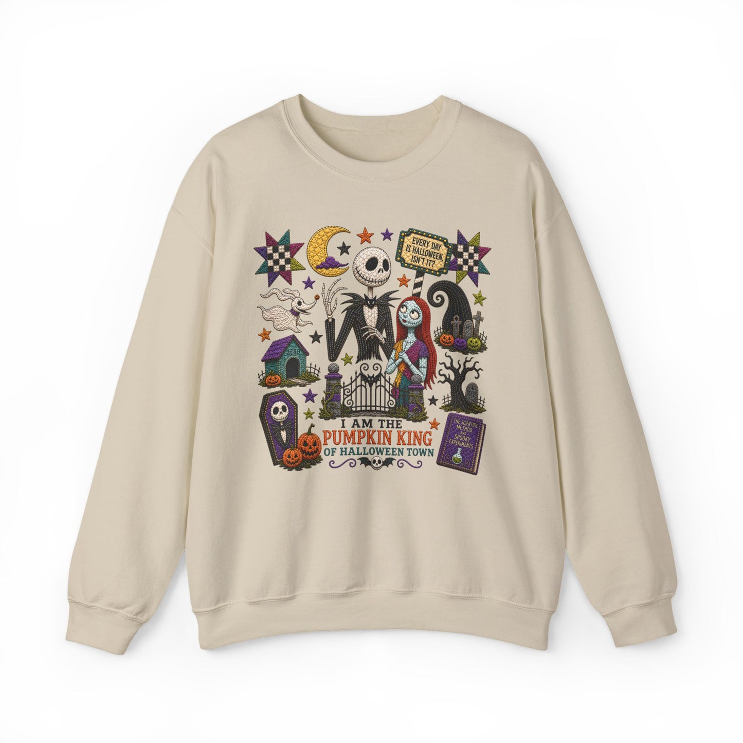 Halloween Crewneck Sweatshirt — 'I Am the Pumpkin King' Jack Skellington Quilt Style Design