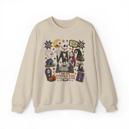 Halloween Crewneck Sweatshirt — 'I Am the Pumpkin King' Jack Skellington Quilt Style Design