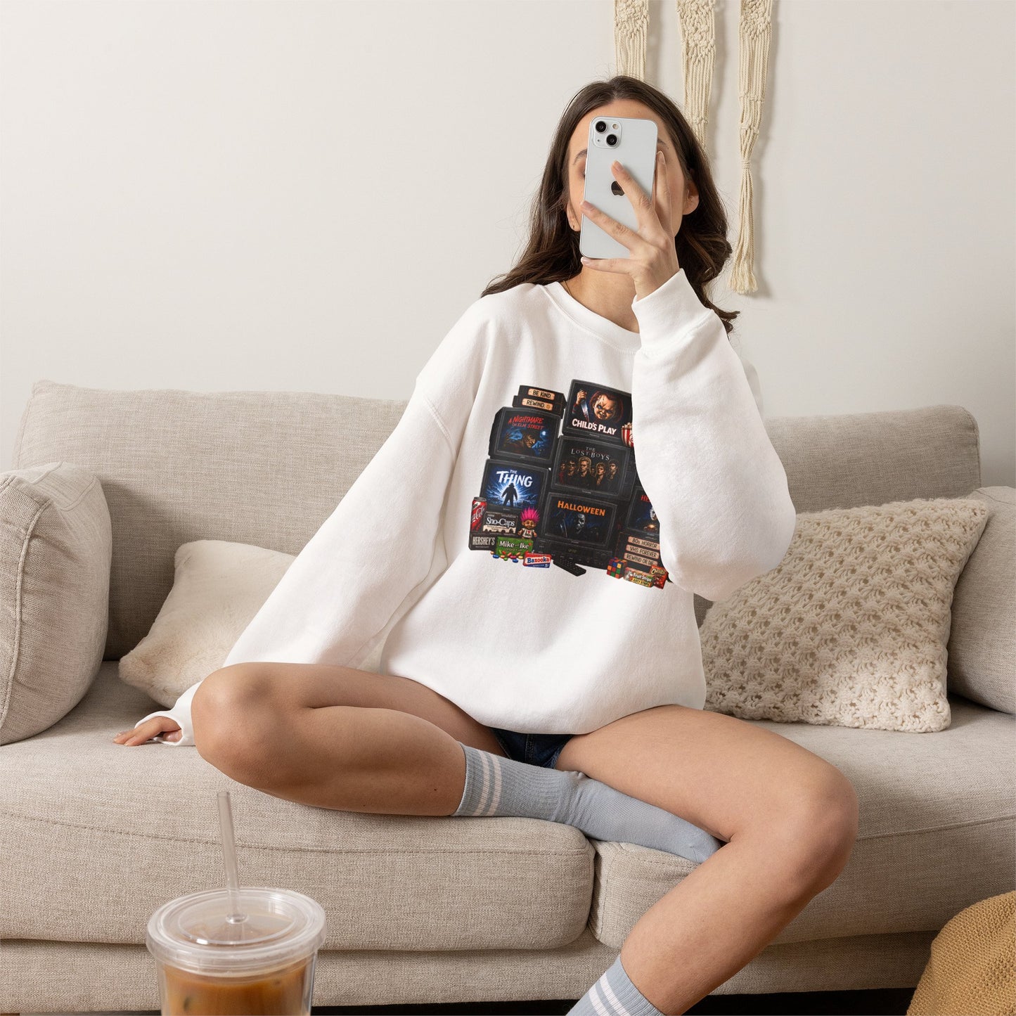 Horror Classics Crewneck Sweatshirt — Retro VHS Movie Stack Design