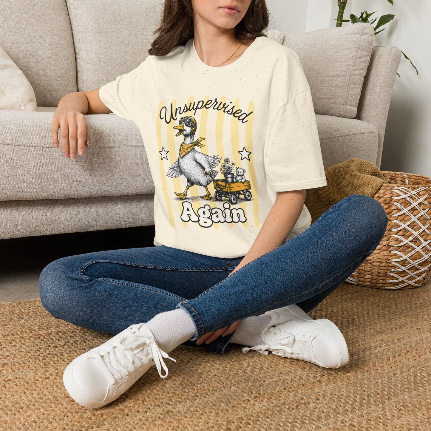 Goose Graphic T-Shirt — "Unsupervised Again" Vintage Yellow Stripe Tee