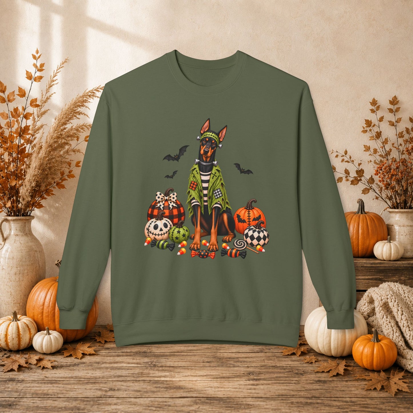 Doberman Halloween Sweatshirt — Spooky Dog Pumpkin Crewneck