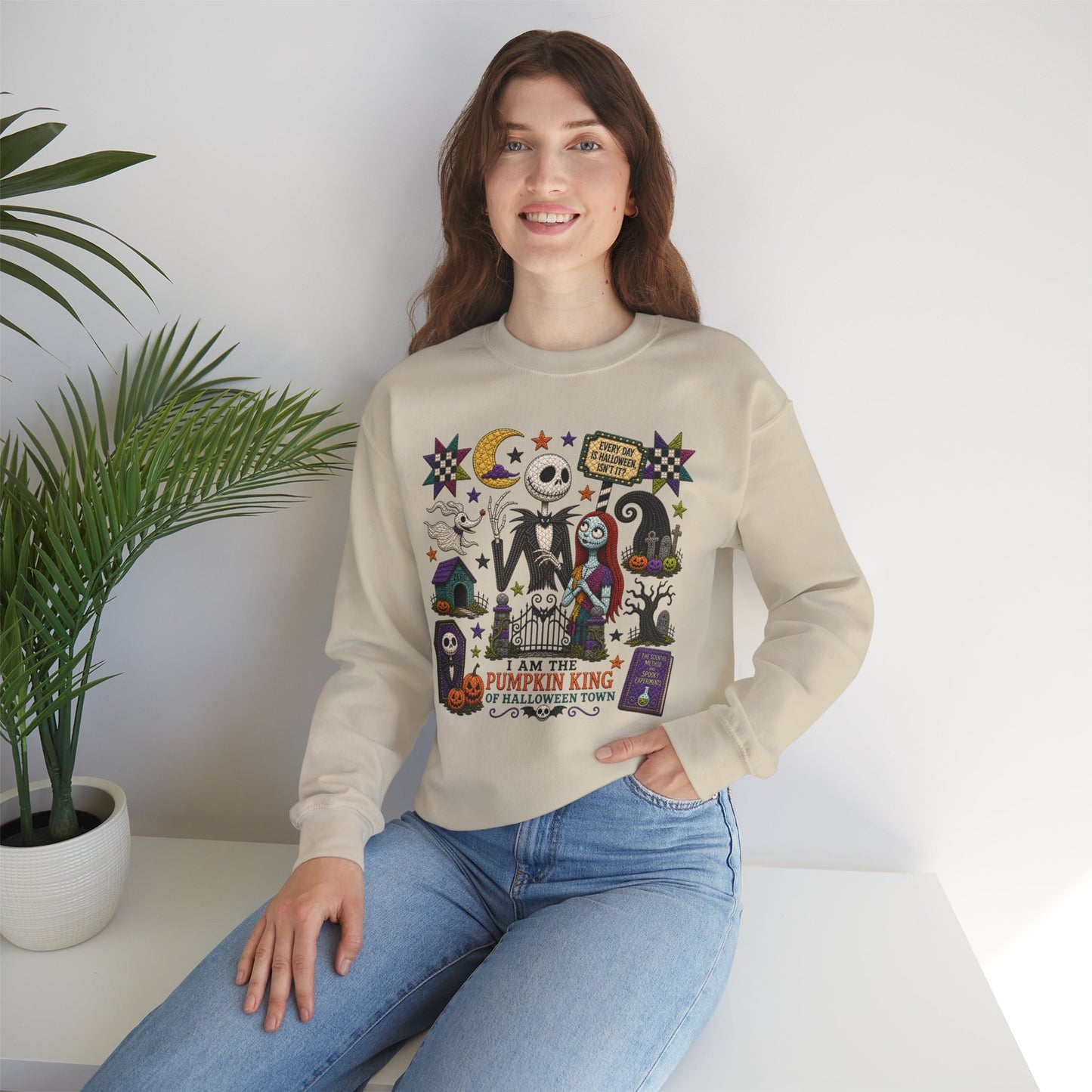 Halloween Crewneck Sweatshirt — 'I Am the Pumpkin King' Jack Skellington Quilt Style Design