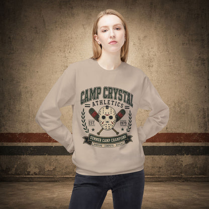 Camp Crystal Athletics Crewneck Sweatshirt – Retro Horror School Logo