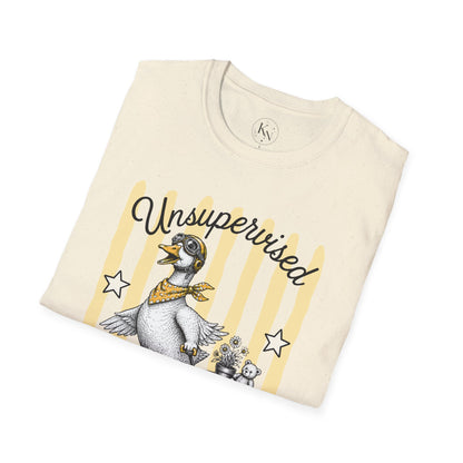 Goose Graphic T-Shirt — "Unsupervised Again" Vintage Yellow Stripe Tee