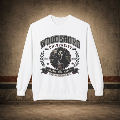 Woodsboro University Crewneck Sweatshirt – Retro Horror School Logo