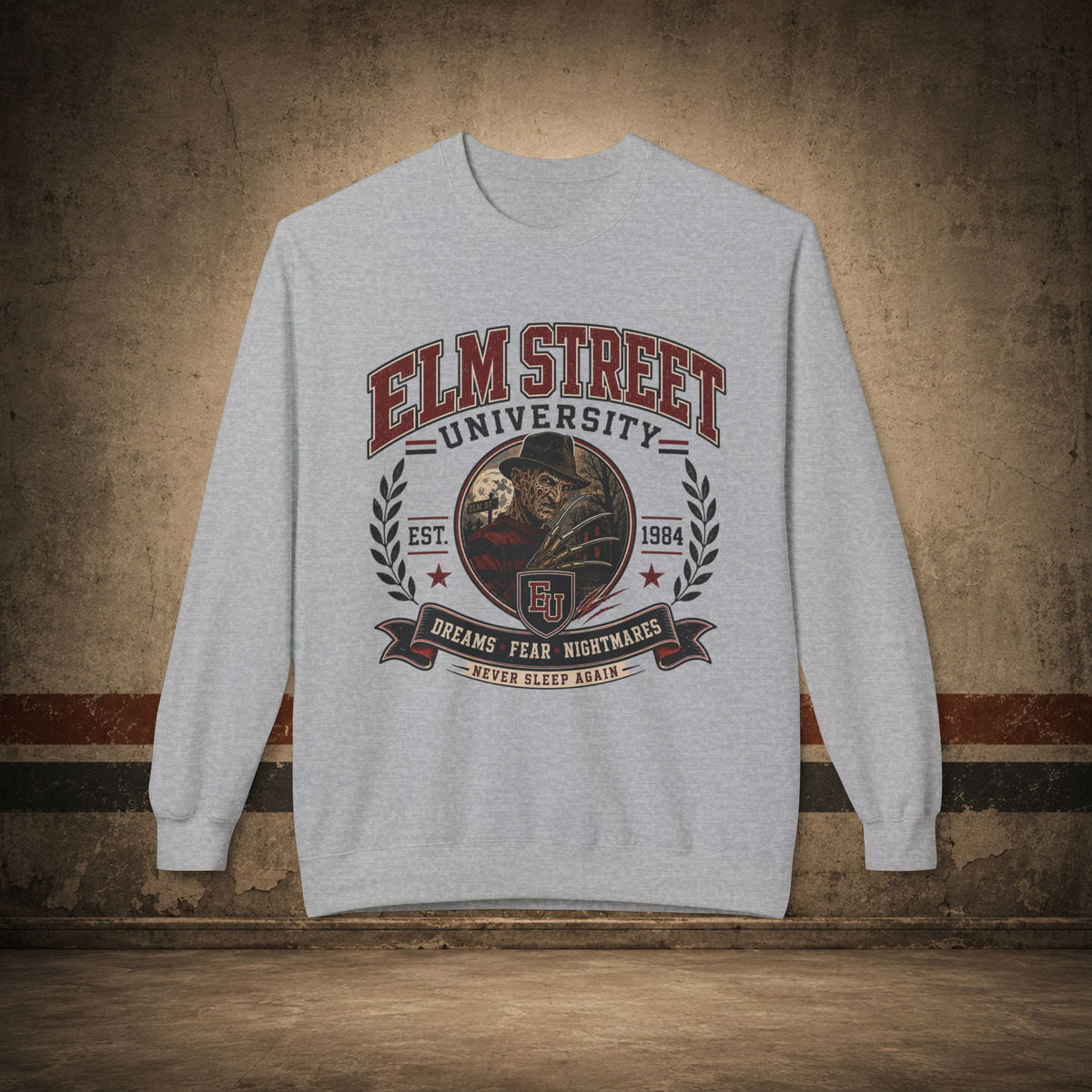 Elm Street University Crewneck Sweatshirt – Retro Horror School Logo