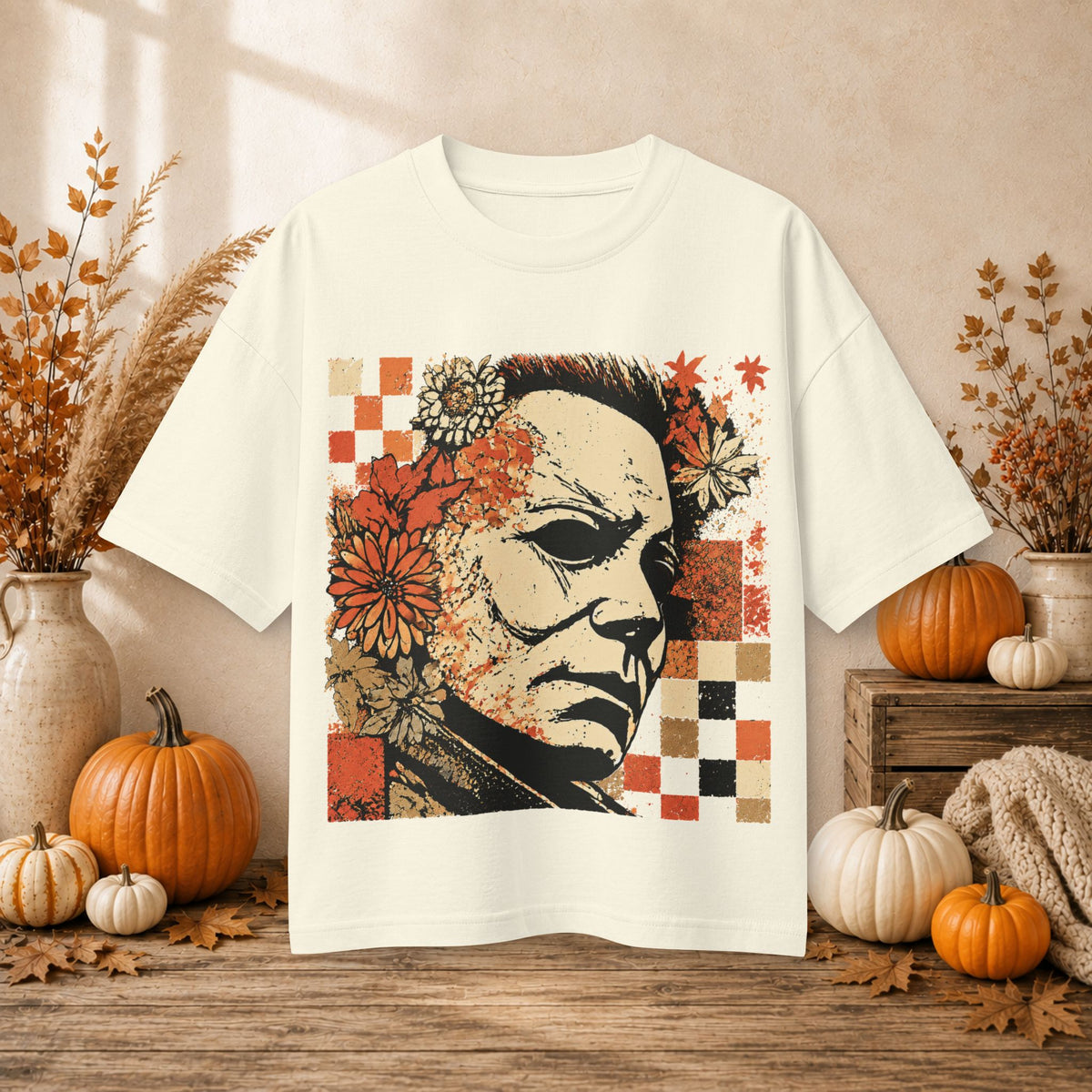 Horror Floral Halloween Mask Graphic Tee