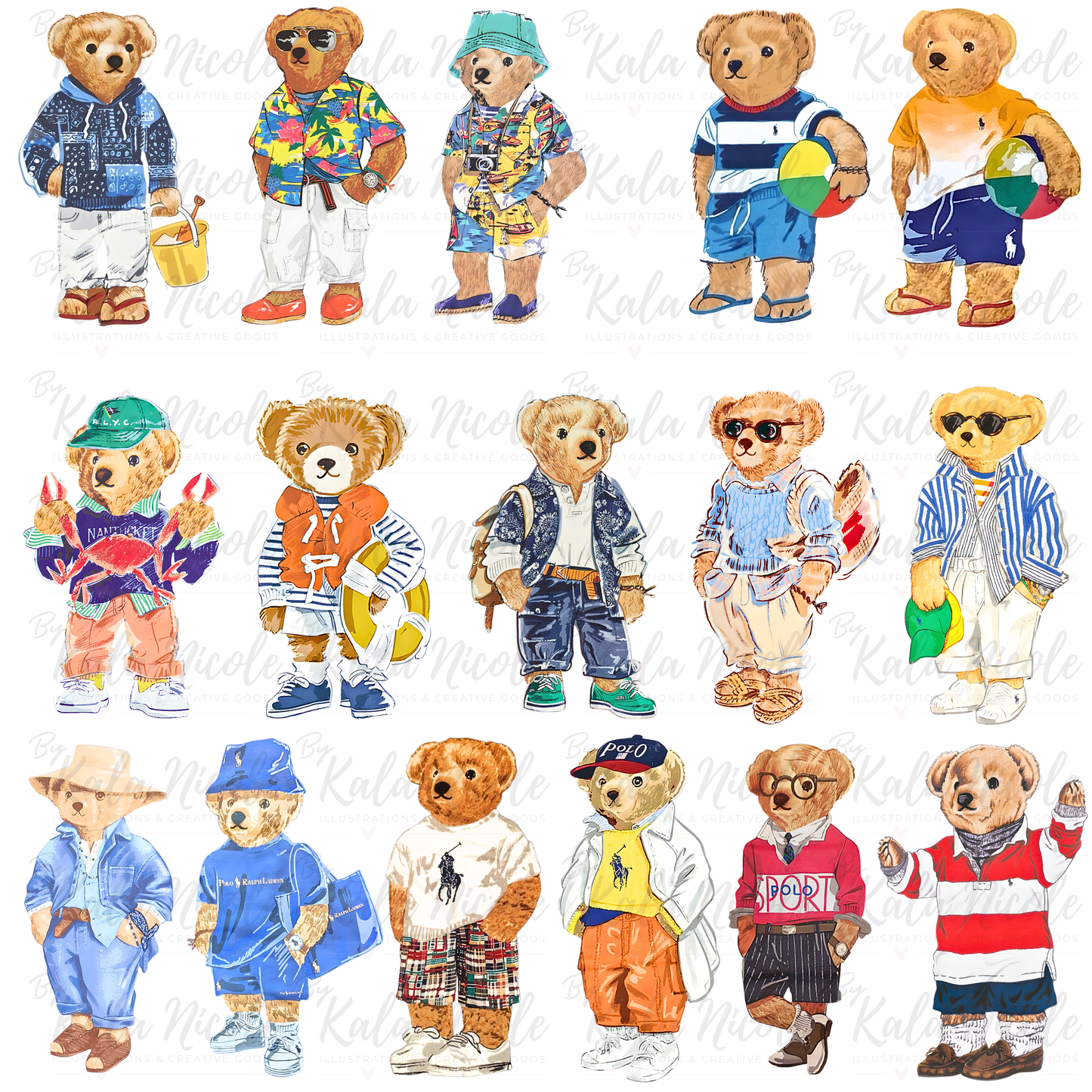Preppy Vintage Bear PNG Mega Bundle | Spring-Summer Collection | 72 Designs