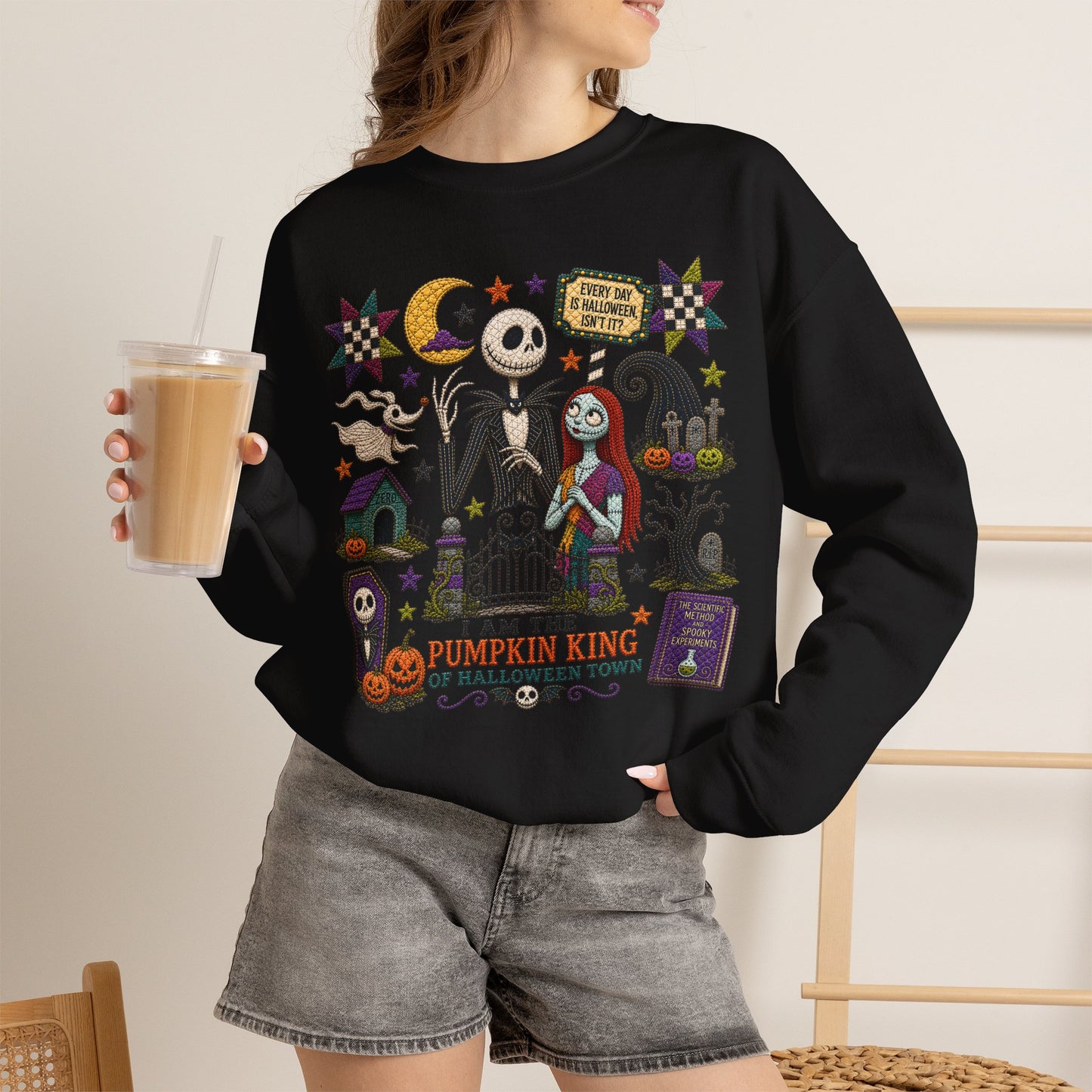 Halloween Crewneck Sweatshirt — 'I Am the Pumpkin King' Jack Skellington Quilt Style Design